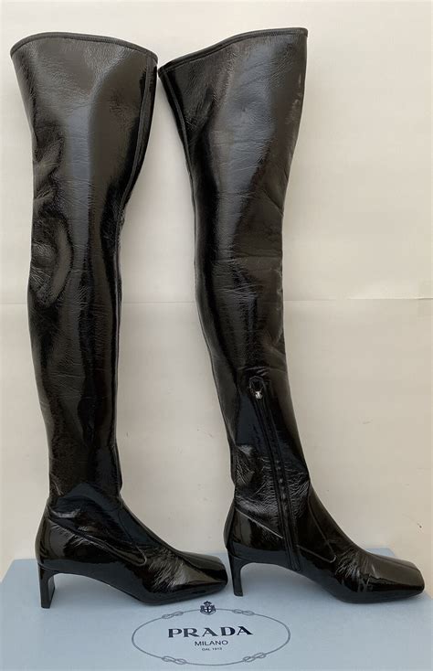 prada 50 glossed-leather knee boots|Prada.